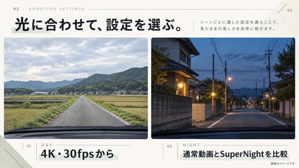 DJI Osmo Action 6の車載撮影の設定目安。昼は4K・30fpsから、夜は通常動画とSuperNightを比較