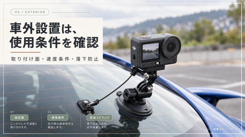 Osmo Action 6を車外のガラス面に吸盤マウントと落下防止ストラップで固定したイメージ