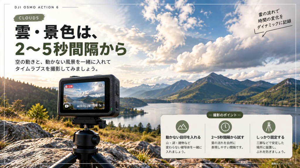 Osmo Action 6を三脚に固定して雲と風景を撮影するイメージ。撮影間隔は2〜5秒から試す