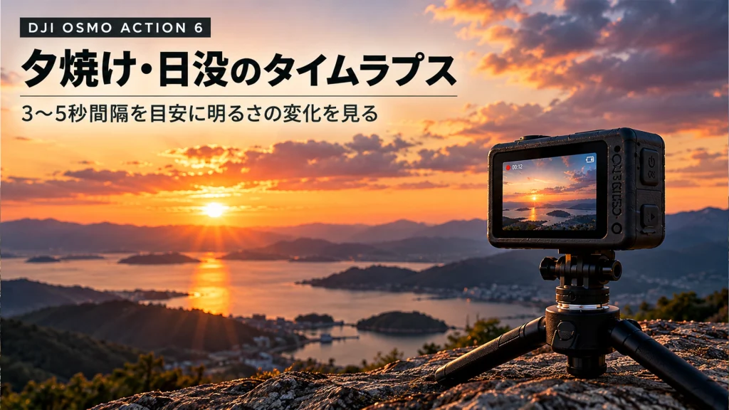 Osmo Action 6で夕焼けのタイムラプスを撮影するイメージ。撮影間隔と明るさの変化を確認