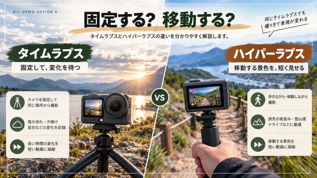 固定して撮るタイムラプスと、移動しながら撮るハイパーラプスの違い