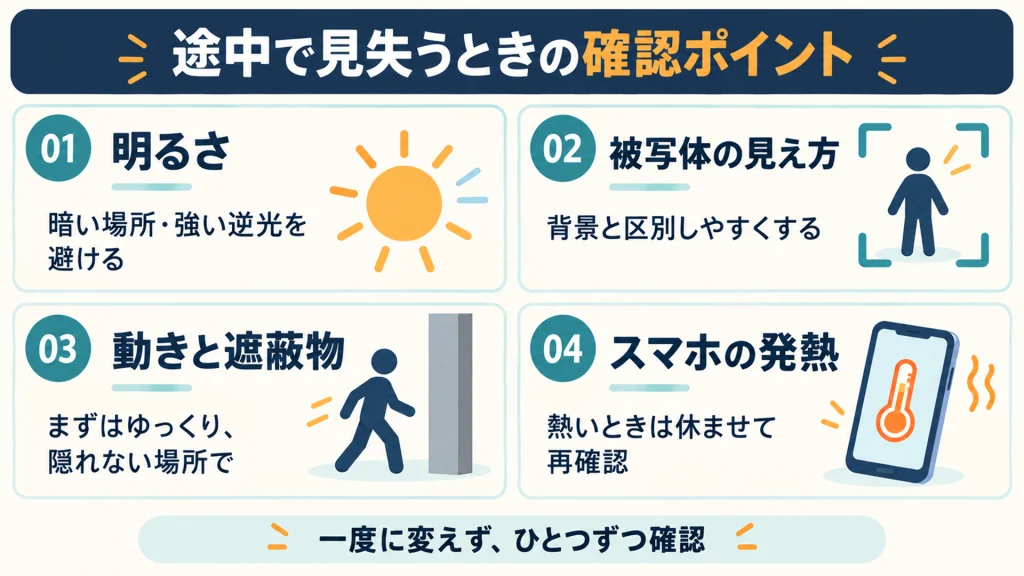 追跡が外れるときに確認する明るさ・被写体・遮蔽物・スマホの発熱