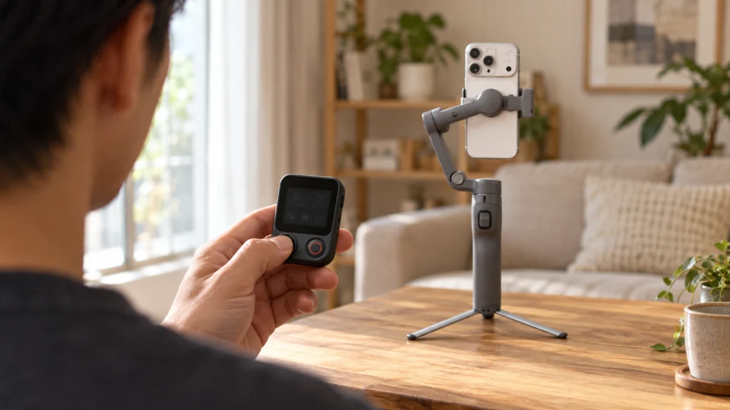 DJI Osmo Mobile 8Pを設置し、手元のOsmo FrameTapで操作する様子