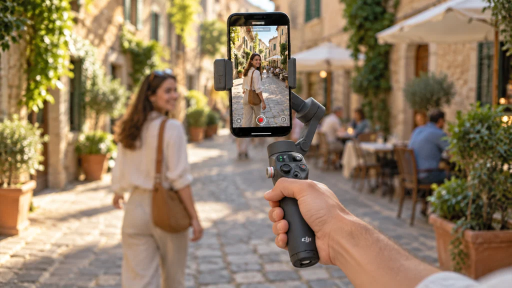 DJI Osmo Mobile 8にスマートフォンを装着して旅先の街並みを撮影する様子