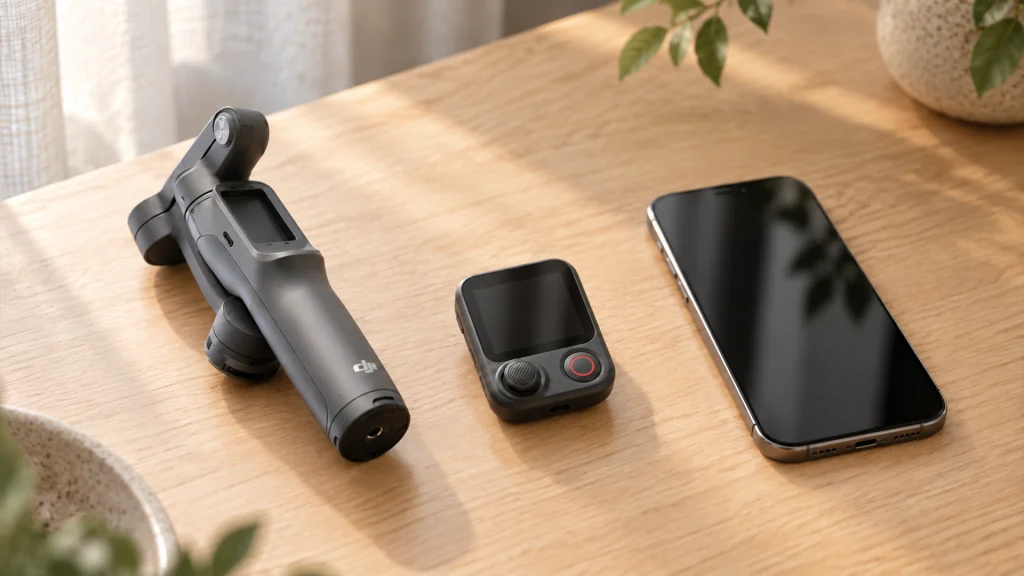 折りたたんだDJI Osmo Mobile 8PとOsmo FrameTap、スマートフォンを並べた様子