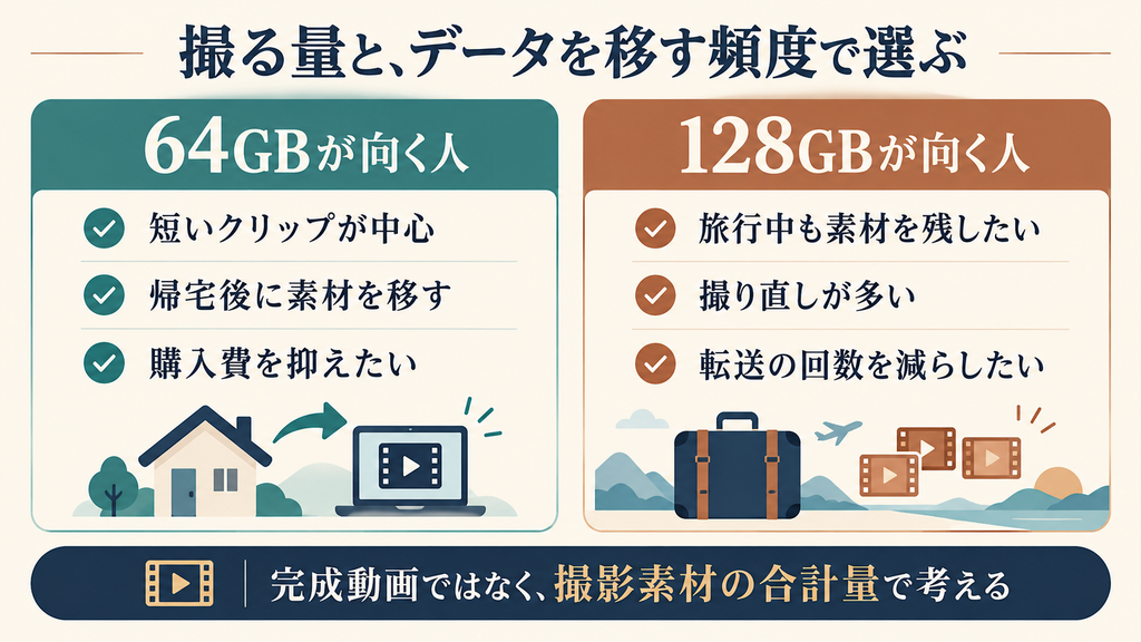 Osmo Nanoの64GB版と128GB版が向く人を撮影量と転送頻度で比較