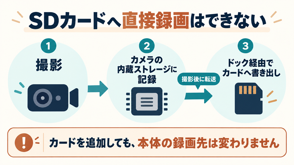 撮影データをカメラ内蔵ストレージに記録し、撮影後にドック経由でmicroSDカードへ書き出す流れ