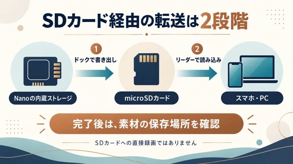 内蔵ストレージからドック経由でカードへ書き出し、リーダーでスマホやPCへ読み込む流れ