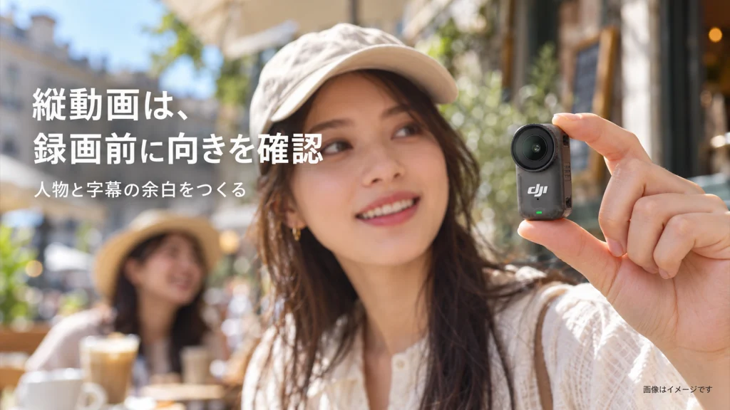 Osmo Nanoを縦向きに持ち、録画前に向きと構図を確認するイメージ|
