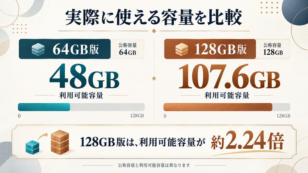 Osmo Nanoの利用可能容量は64GB版が48GB、128GB版が107.6GB