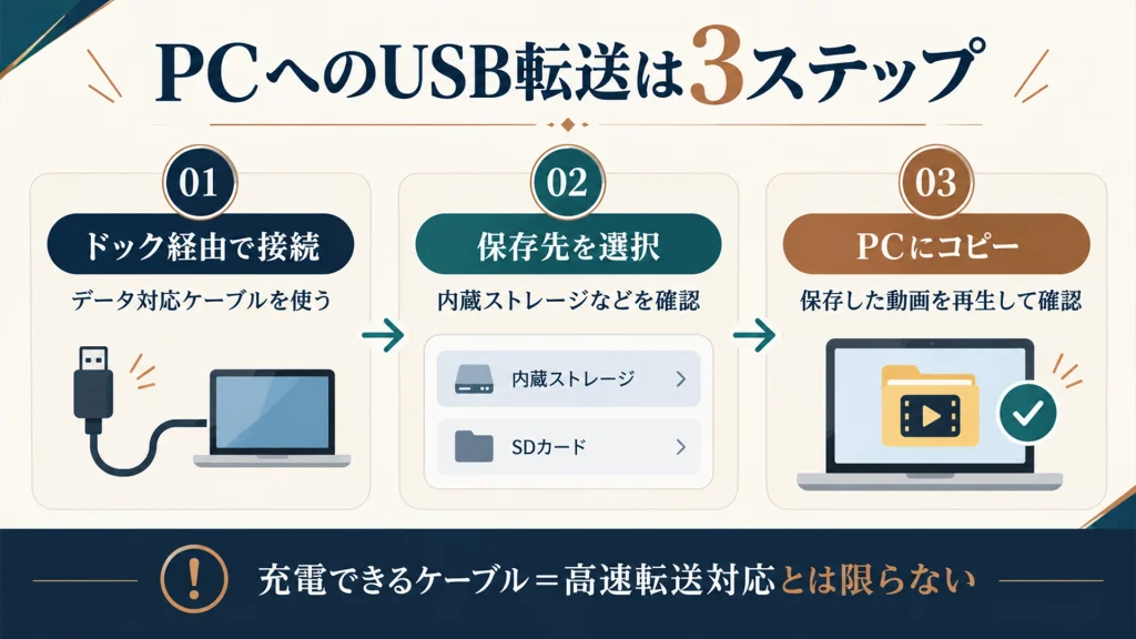 ドックを経由してPCへ接続し、保存先を選択して動画をコピーする3ステップ