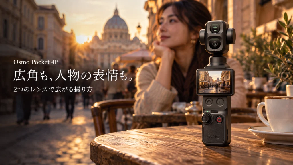 2つのレンズを搭載したDJI Osmo Pocket 4Pを夕暮れの旅行先に置いたイメージ
