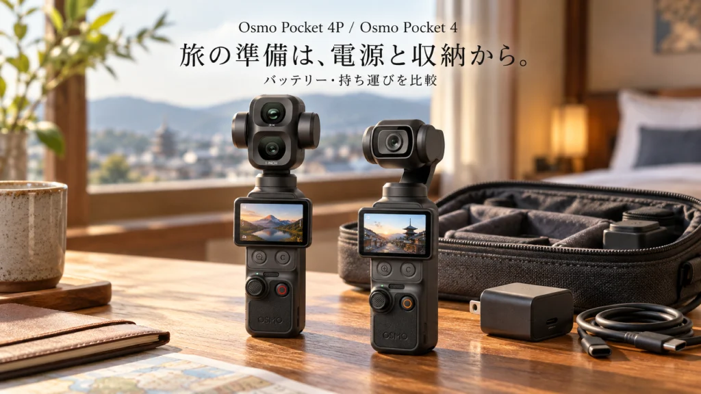 DJI Osmo Pocket 4PとOsmo Pocket 4を旅行用バッグ・USB-C充電用品と並べたイメージ