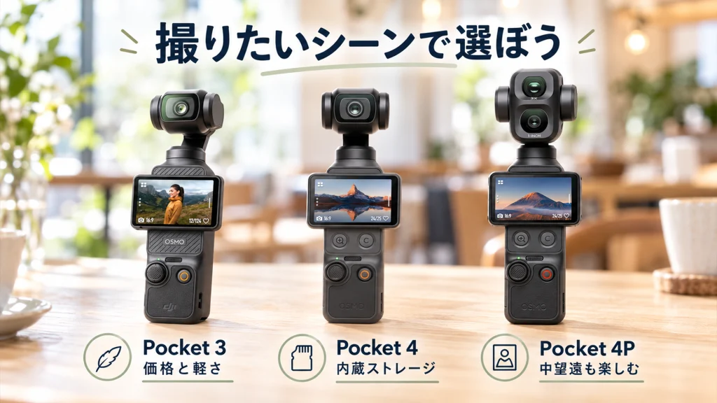 DJI Osmo Pocket 3・4・4Pを並べ、価格と軽さ・内蔵ストレージ・中望遠の特徴を比較した画像