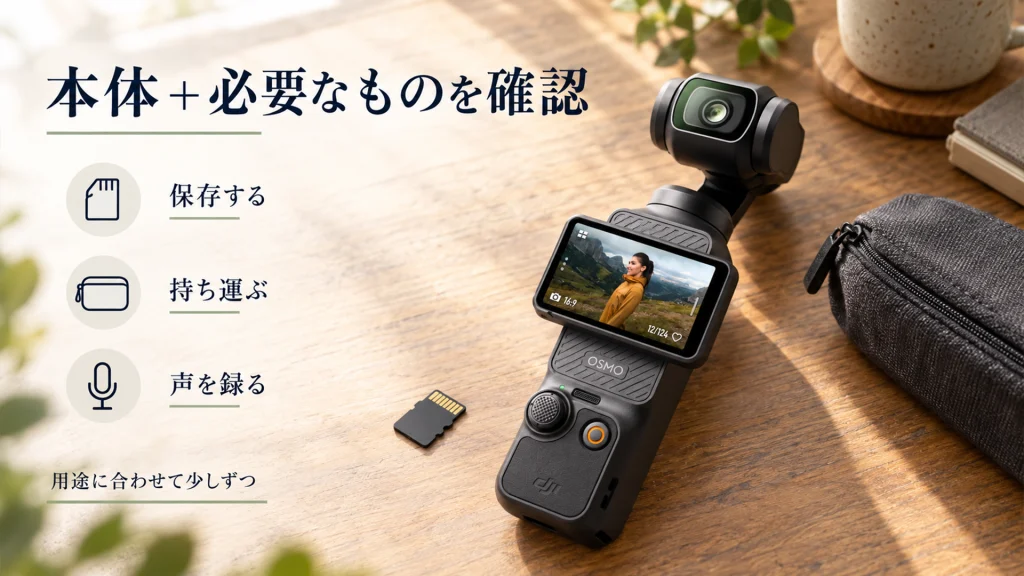 DJI Osmo Pocket 3とメモリーカード、収納ポーチを並べ、撮影に必要なものを示した画像