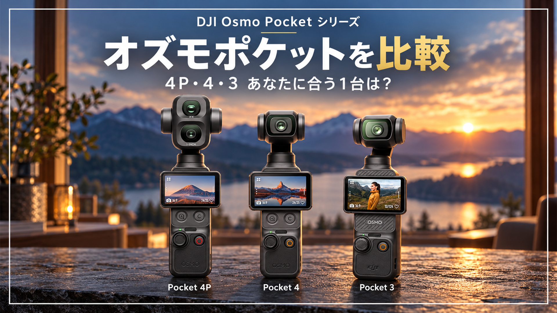 DJI Osmo Pocket 4P・Pocket 4・Pocket 3を並べたシリーズ比較画像