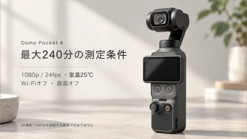 Osmo Pocket 4の最大240分の測定条件：1080p/24fps、室温25℃、Wi-Fiオフ、画面オフ