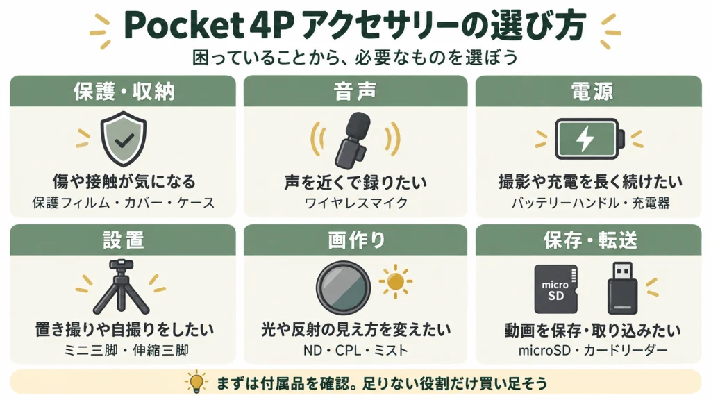 Pocket 4Pのアクセサリーを保護・収納、音声、電源、設置、画作り、保存・転送の6用途
