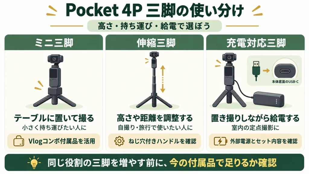 Pocket 4Pで使うミニ三脚、伸縮三脚、充電対応三脚を用途で比較した図