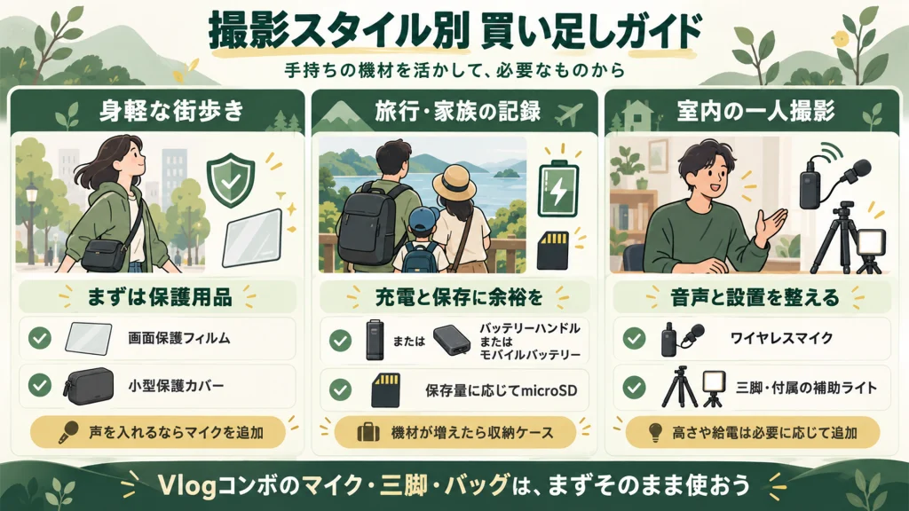 街歩き、旅行・家族の記録、室内の一人撮影でPocket 4Pに買い足すアクセサリーの例