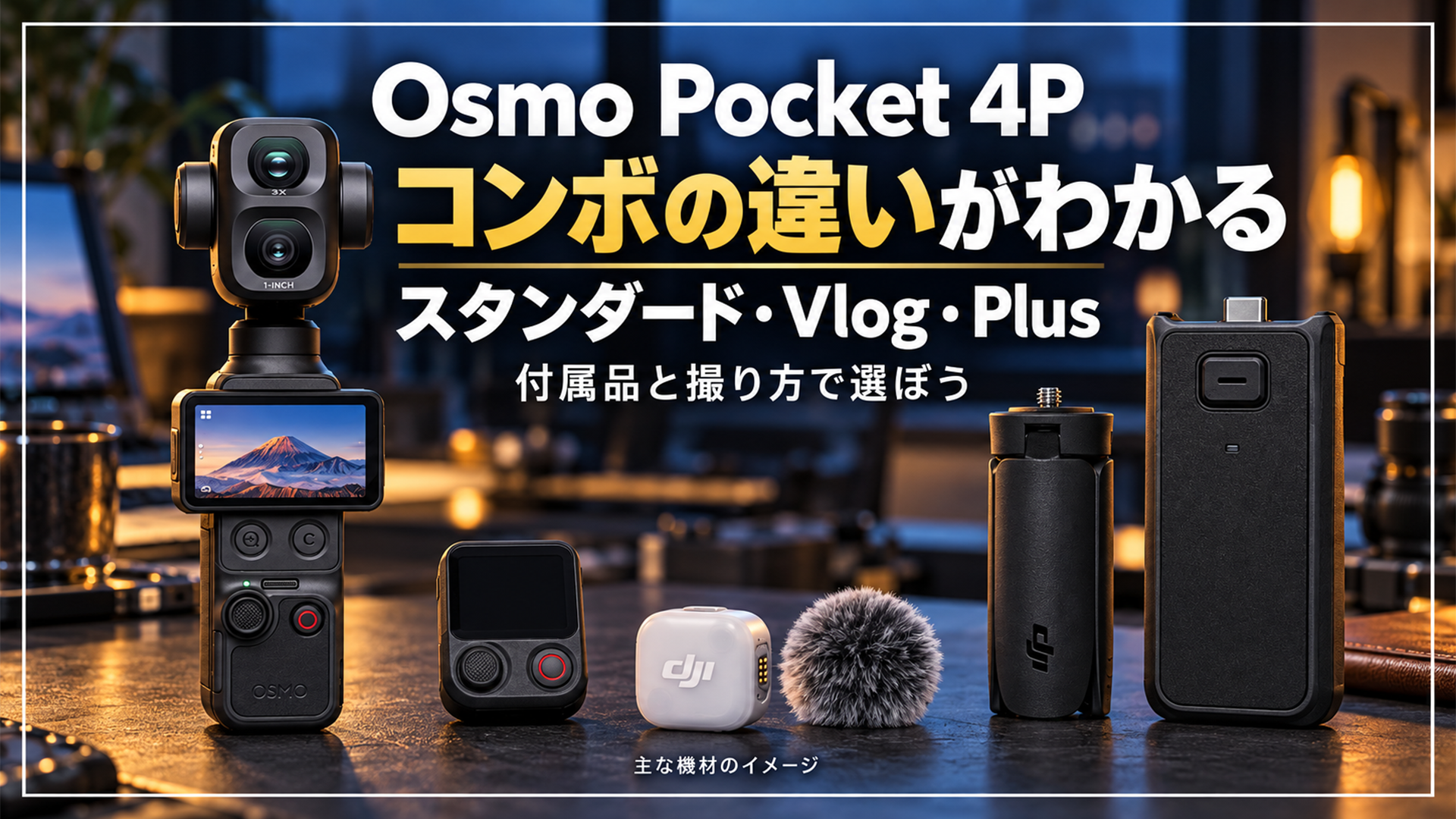 DJI Osmo Pocket 4Pと主な周辺機材を並べたスタンダード・Vlog・Plusの比較画像