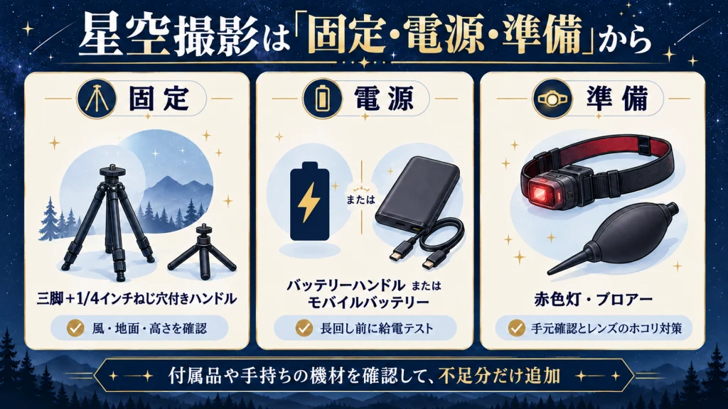 星空撮影の固定・電源・準備に使うOSmo Pocket 4Pのアクセサリーの図解