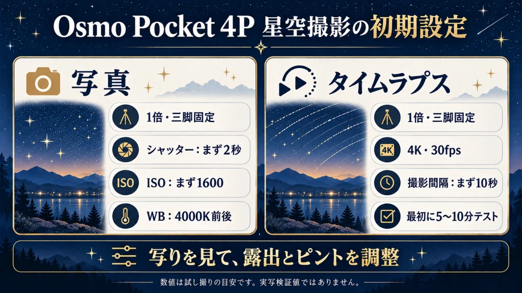 Osmo Pocket 4Pの星空写真とタイムラプスの初期設定案