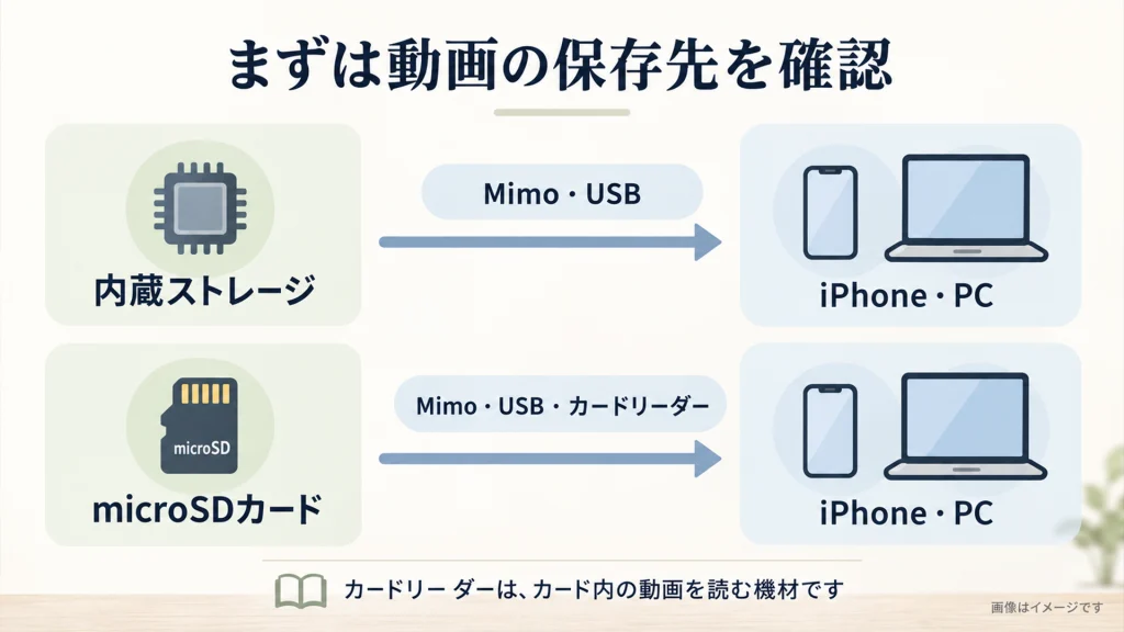 Osmo Pocket 4Pの内蔵ストレージとmicroSDカードからiPhone・PCへ動画を取り込む方法の図