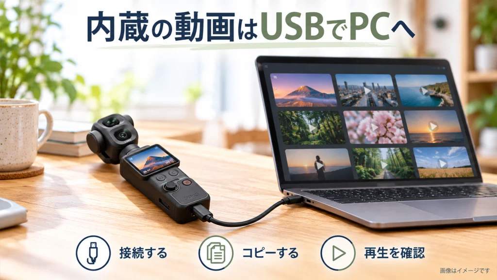 DJI Osmo Pocket 4PとPCをUSBケーブルで接続し、動画をコピーして再生確認する流れ