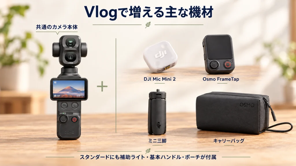 Osmo Pocket 4PのVlogコンボに追加されるDJI Mic Mini 2、FrameTap、ミニ三脚、キャリーバッグ